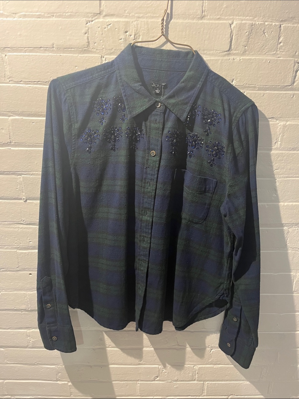 J. Crew Navy and Green Plaid Beaded Button-Down Shirt